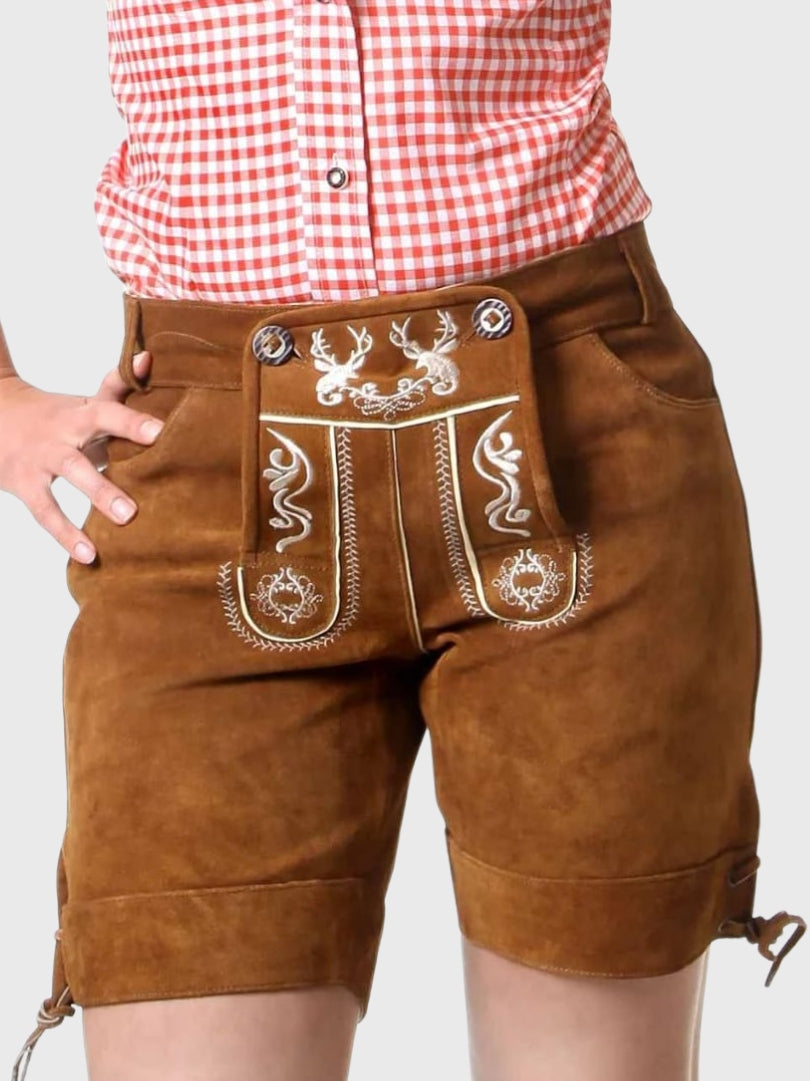 Brown Suede Women Bavarian Lederhosen with White Embroidery