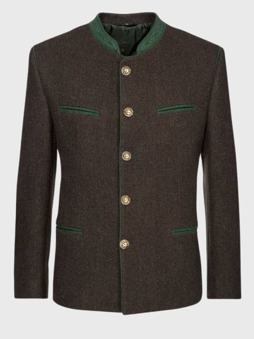 Brown Wool Bavarian Jacket with Green Trim