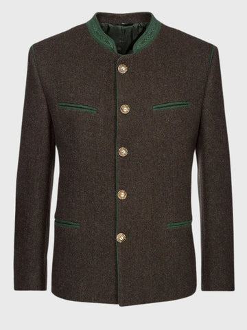 Brown Wool Bavarian Jacket with Green Trim