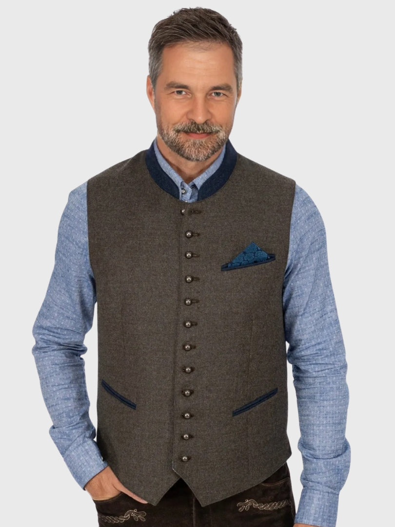Brown Wool Bavarian Vest with Navy Collar