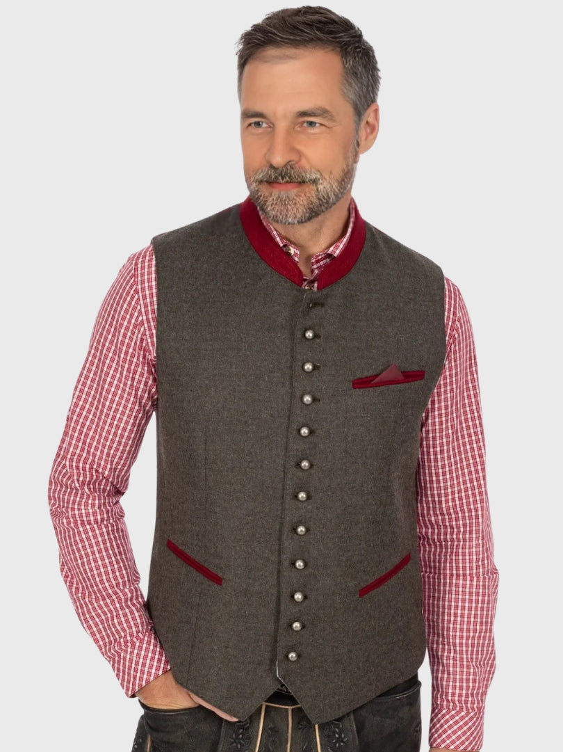 Brown Wool Bavarian Vest with Red Velvet Collar