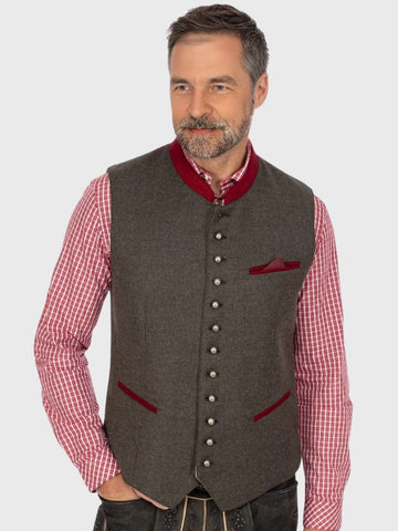 Brown Wool Bavarian Vest with Red Velvet Collar