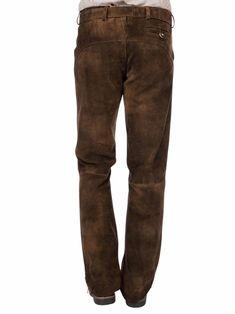 Brown suede Lederhosen pants for men showing traditional Bavarian back design