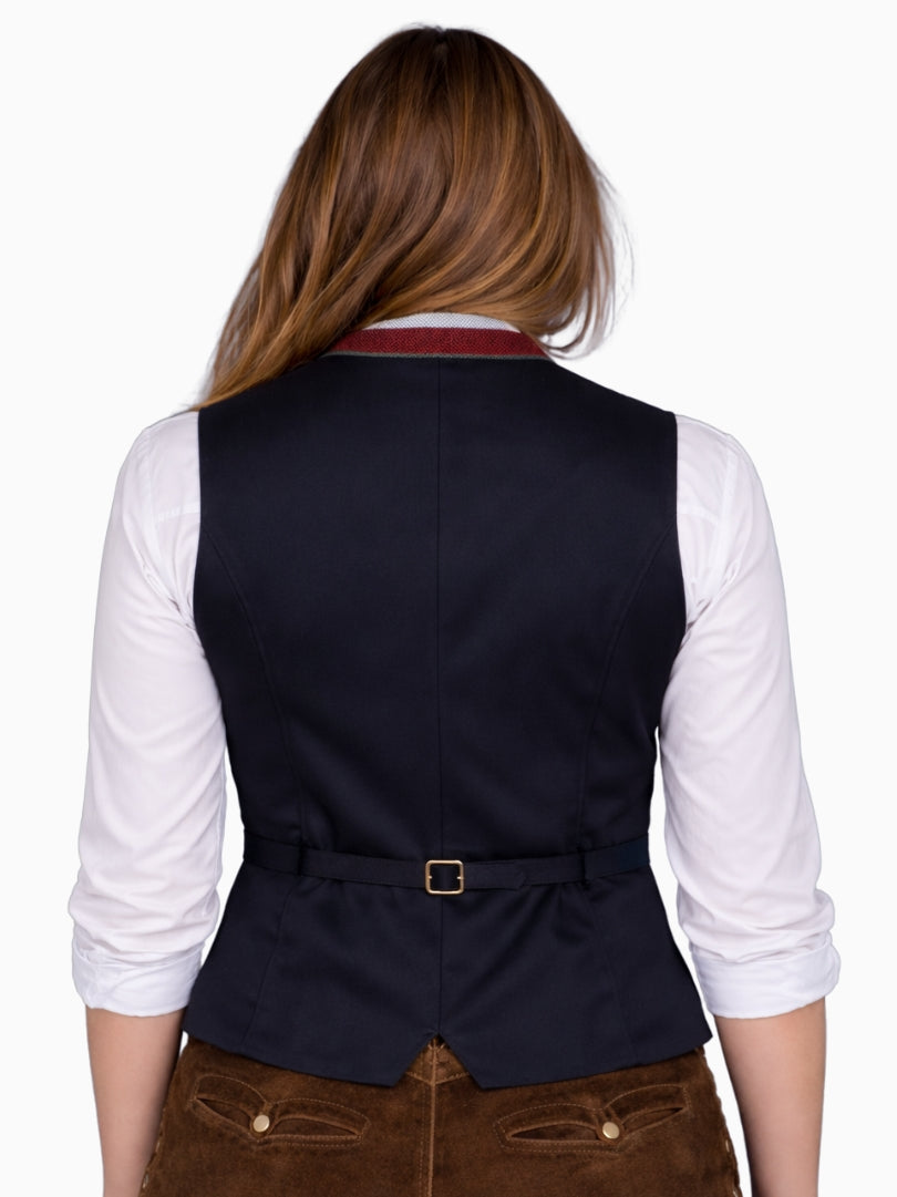 Back view of women's Bavarian Trachten vest with adjustable waist belt, tailored fit, and traditional Oktoberfest style.
