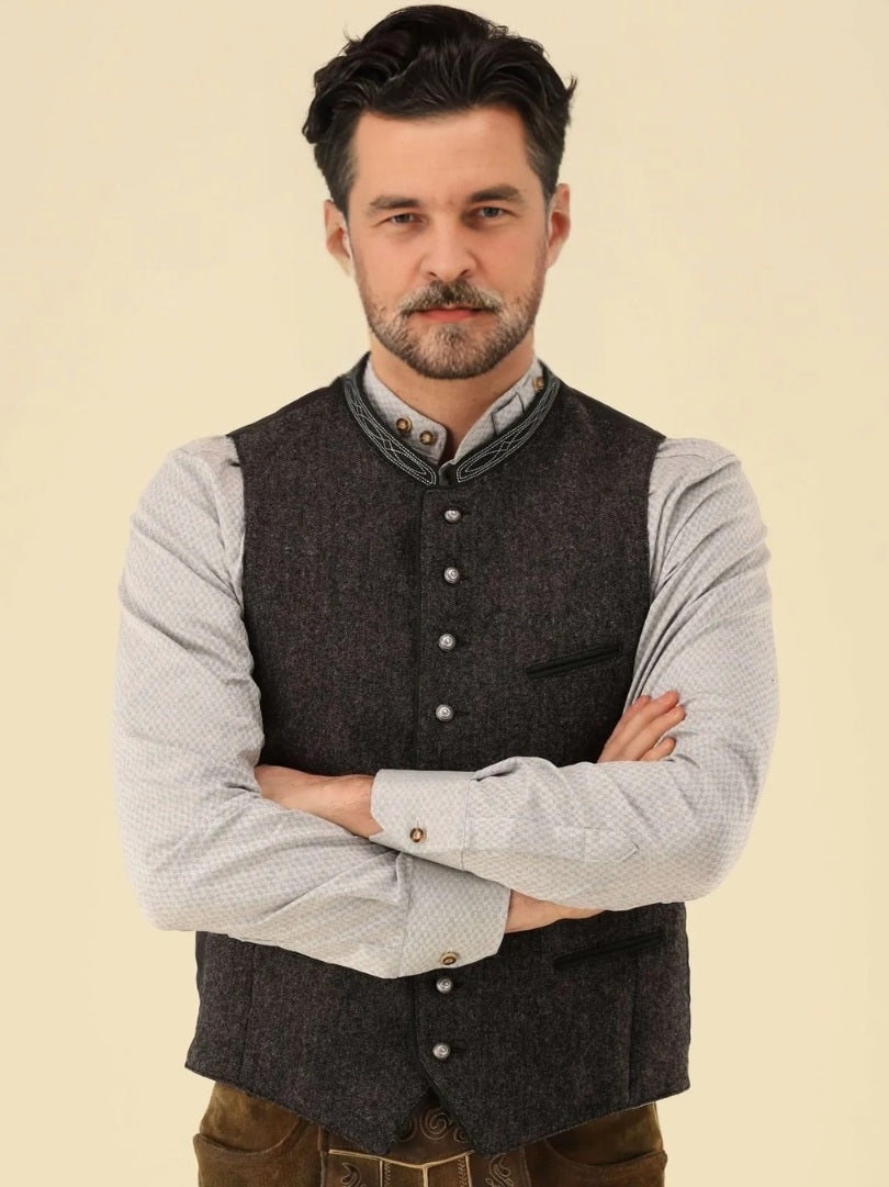 Charcoal Wool and Black Collar German Vest