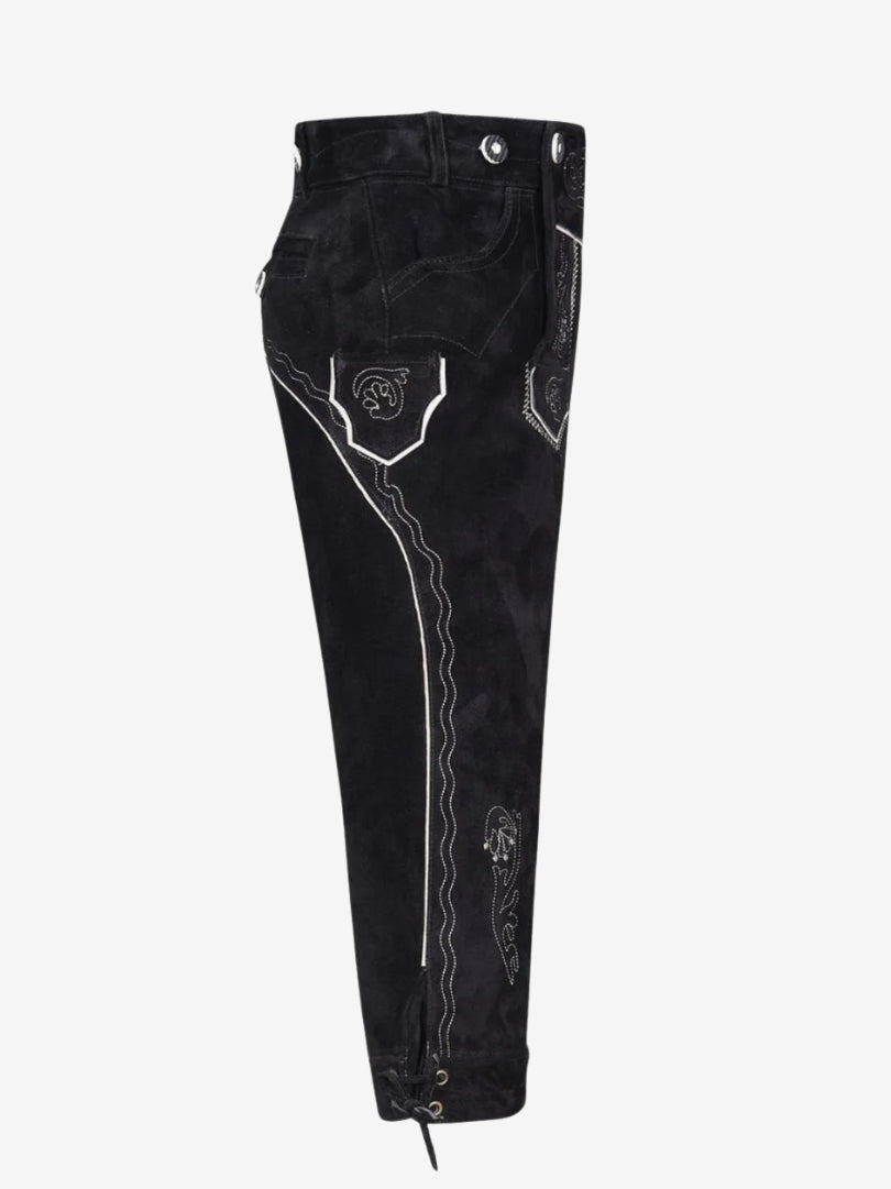 Side view of black bundhosen highlighting contrast stitching, embroidered side pocket, and knee-length cut with lace ties.