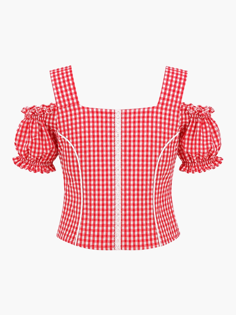 Back design of red gingham dirndl blouse featuring decorative buttons, lace trim, and adjustable straps with puff sleeves.