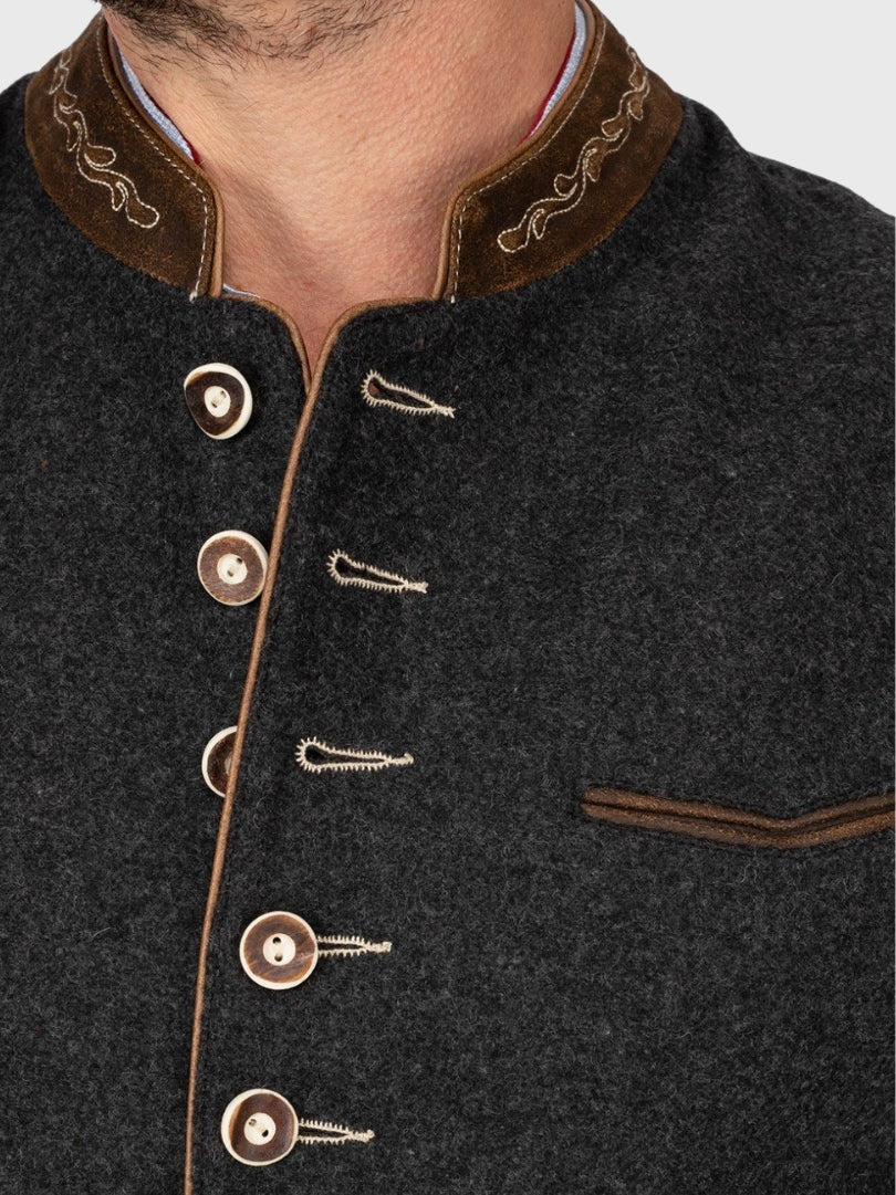 Dark Grey Wool Trachten Vest with Embroidered Collar