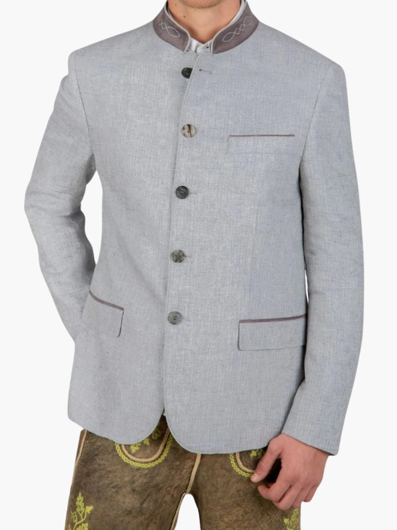 Light grey Bavarian Trachten jacket for men with stand collar, decorative stitching, horn-style buttons, and traditional tailored fit.