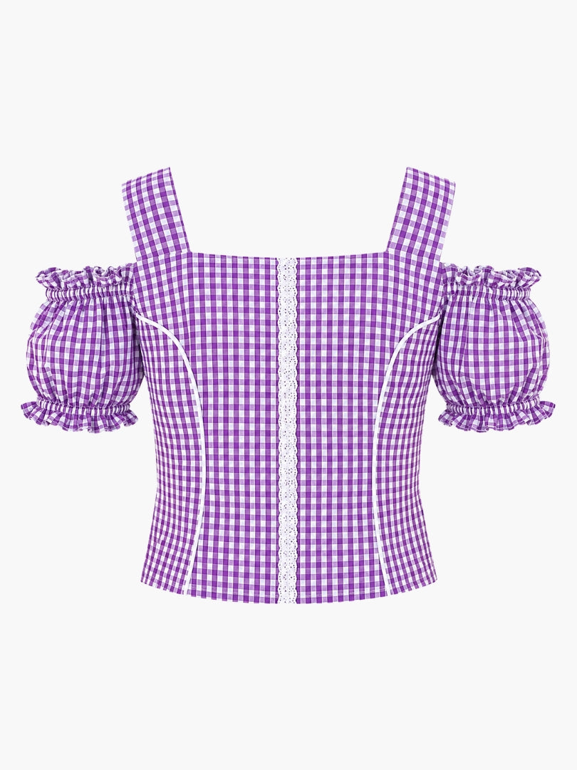 Back design of purple Oktoberfest blouse featuring decorative buttons, lace trim, adjustable straps, and puff sleeves.