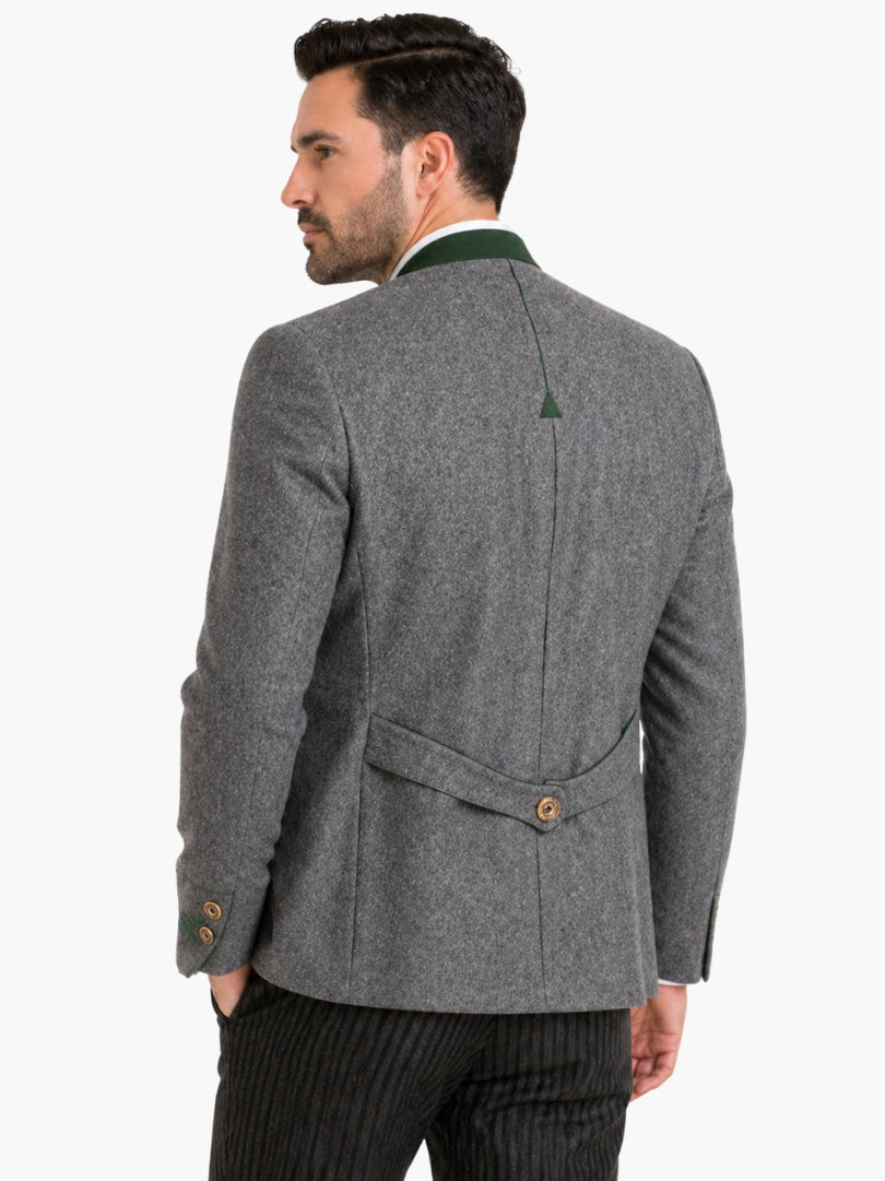 Rear view of grey Trachten jacket featuring tailored fit, green collar detail, and adjustable back strap with classic Bavarian design.
