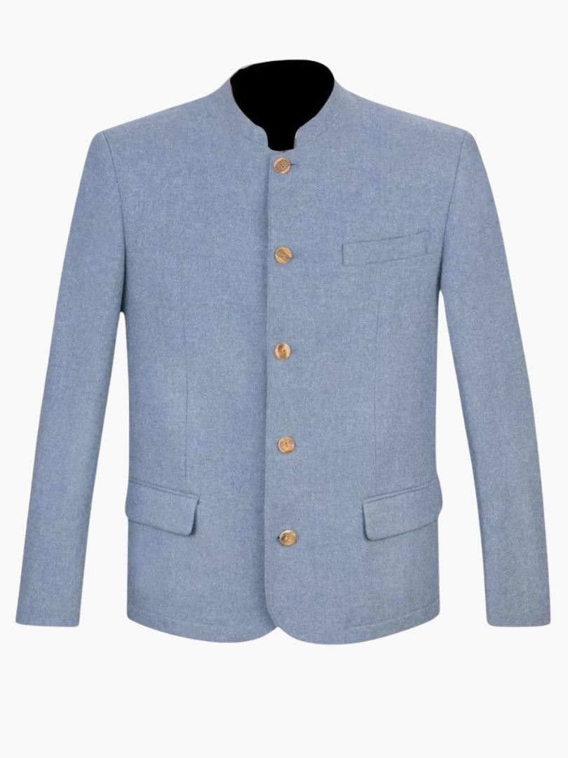 Light blue men’s Trachten jacket with mandarin collar, front button closure, and classic Bavarian traditional design.