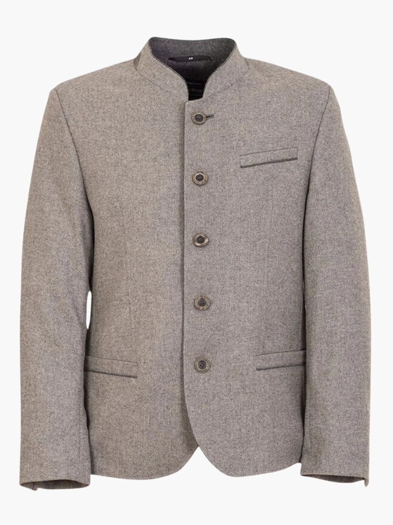 Classic grey Bavarian Trachten jacket for men with stand-up collar, horn-style buttons, and clean traditional tailoring.