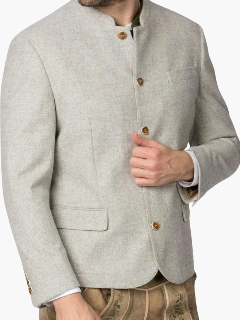 Close-up side view of light grey Trachten jacket with classic buttons, tailored fit, and traditional Bavarian styling.