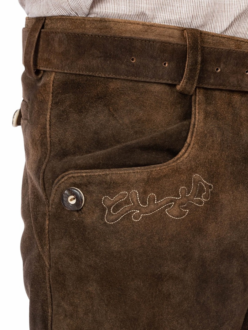 Close-up of suede Lederhosen pants showing Bavarian embroidery