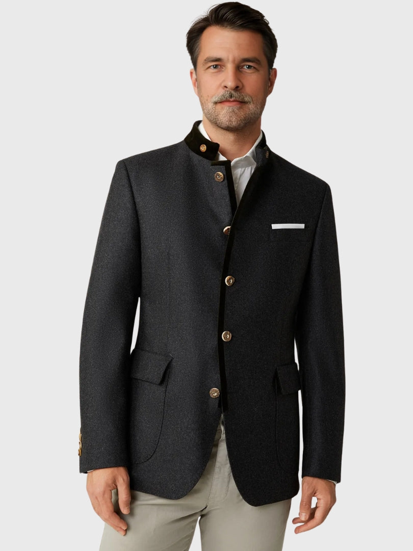 Dark Grey Wool Trachten Jacket with Black Collar