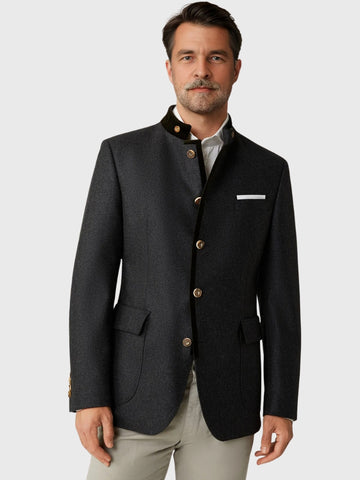 Dark Grey Wool Trachten Jacket with Black Collar