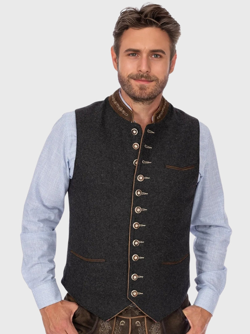 Dark Grey Wool Trachten Vest with Embroidered Collar