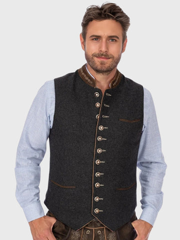 Dark Grey Wool Trachten Vest with Embroidered Collar