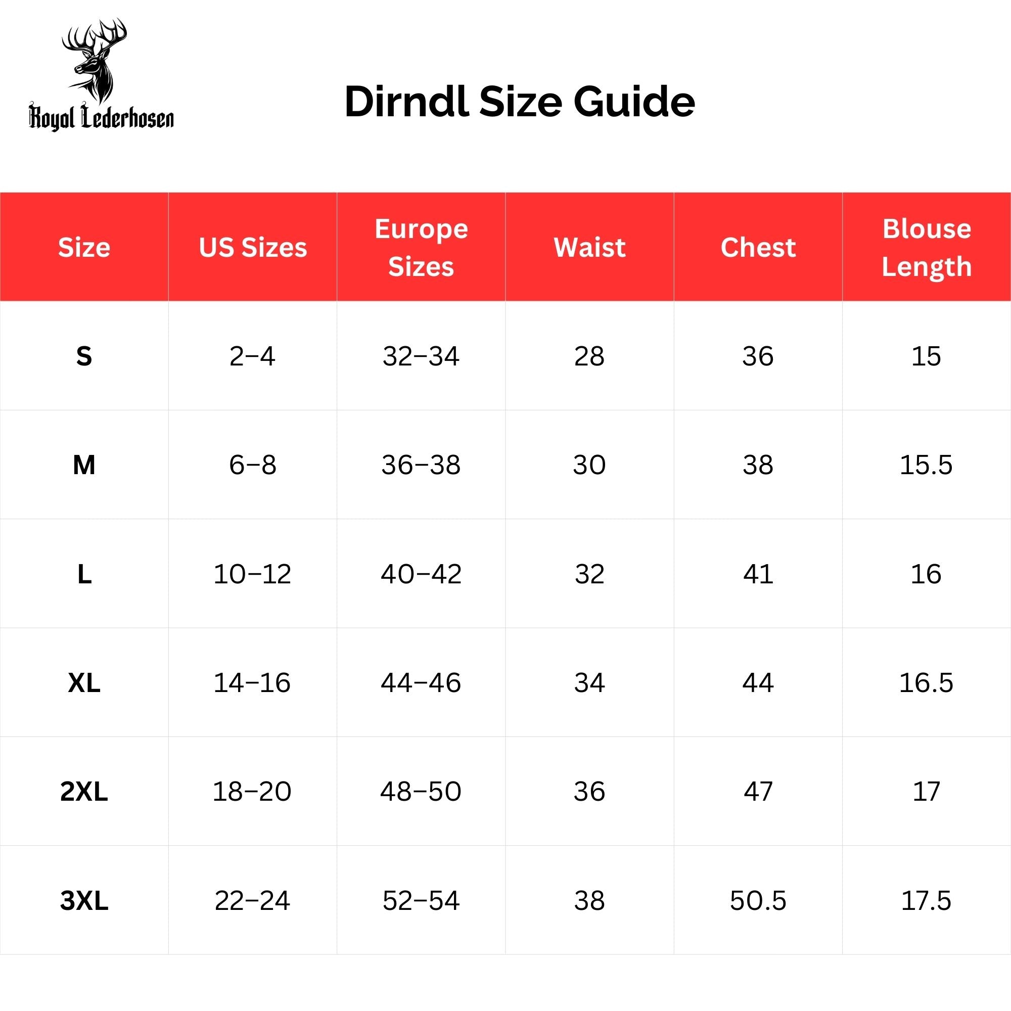 Size Chart for Womens Authentic Bavarian Dirndl Dress