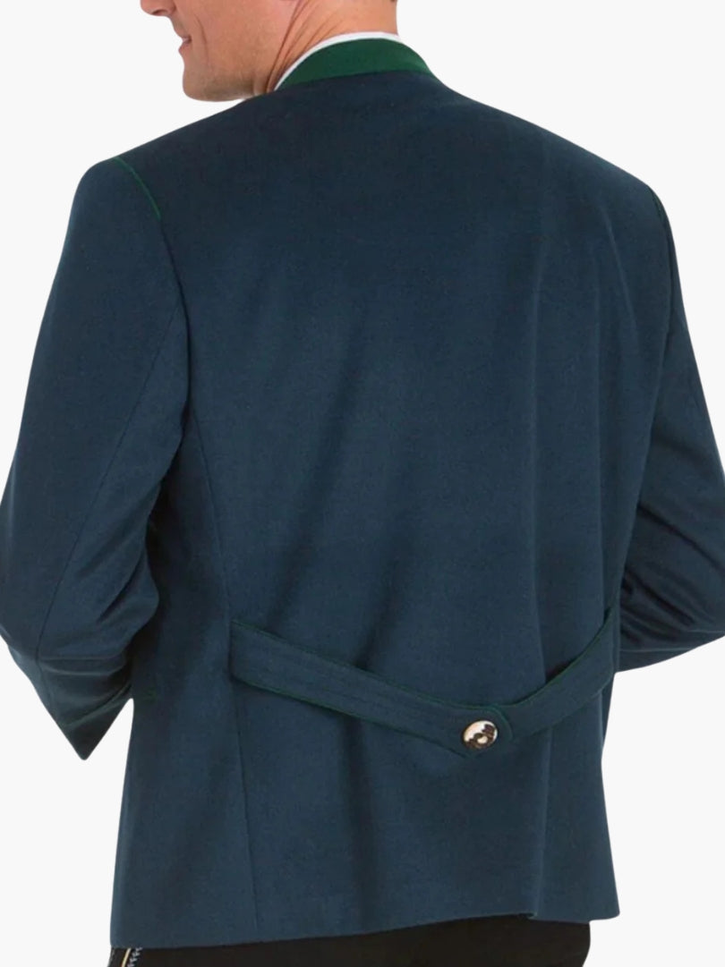 Back view of navy blue double-breasted Trachten jacket with green collar, tailored fit, and adjustable back strap for traditional Bavarian style.