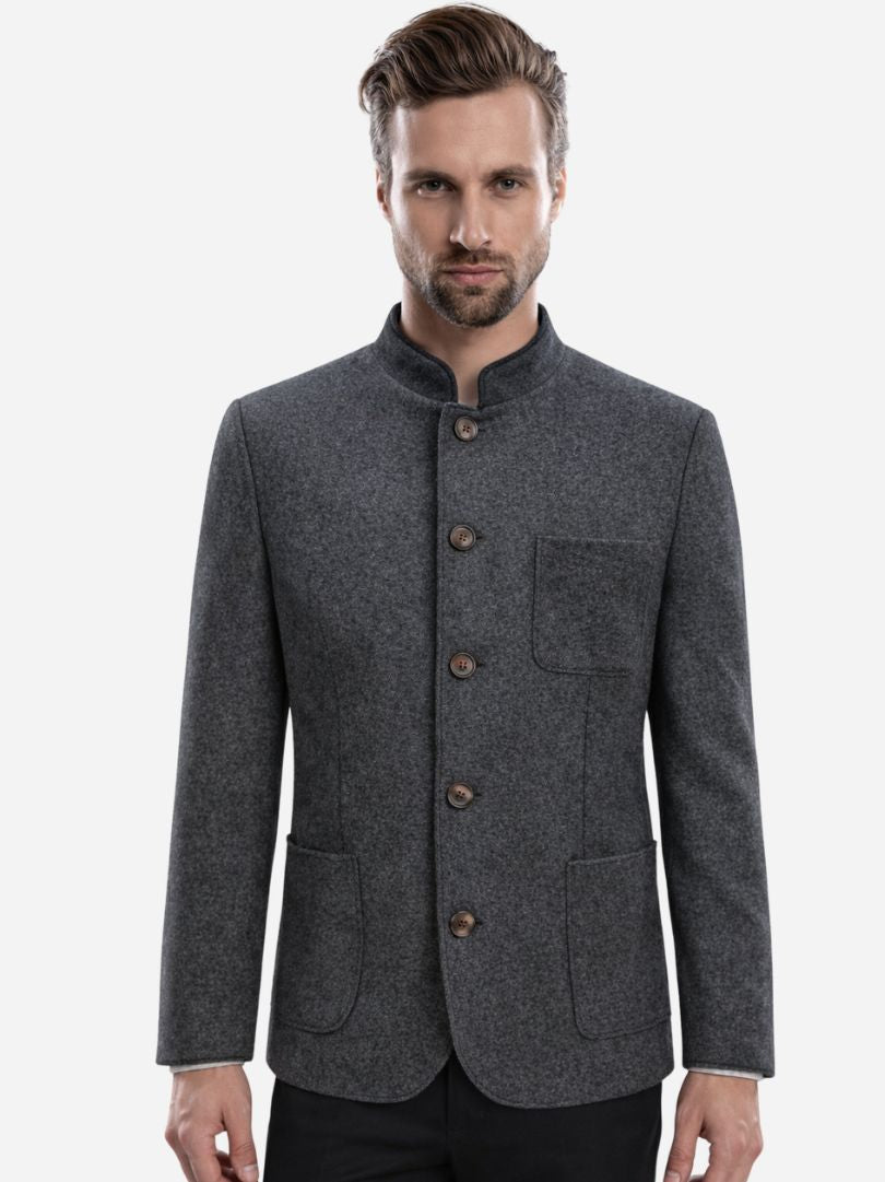 Men’s Charcoal Grey Bavarian Trachten Jacket with Stand Collar and Button Front