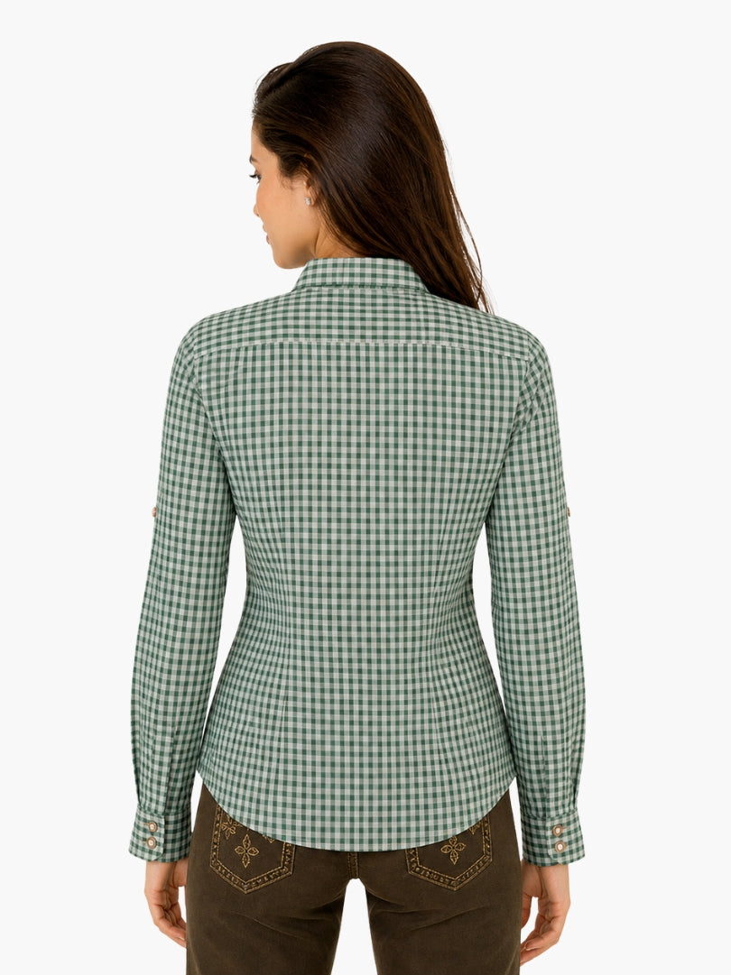 Women’s authentic Bavarian check shirt in green gingham with button front and fitted silhouette, styled with traditional lederhosen.