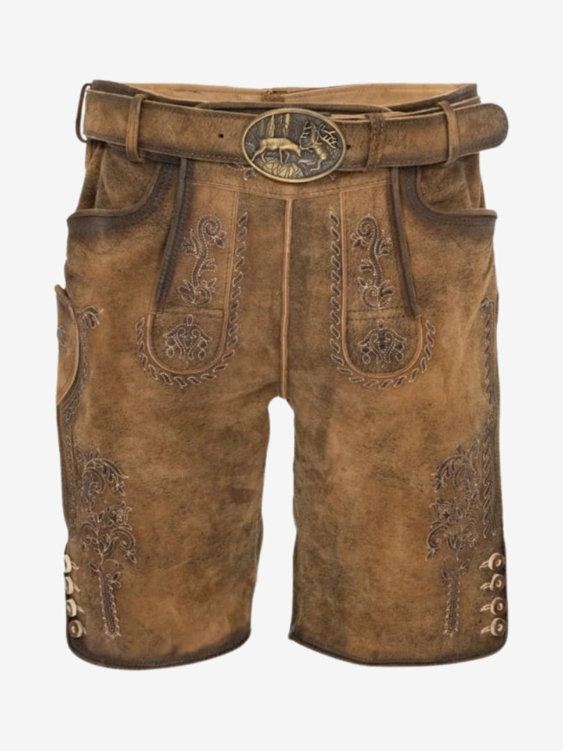 Man wearing tan suede lederhosen with subtle embroidery, paired with a white button-down shirt in traditional Bavarian style.