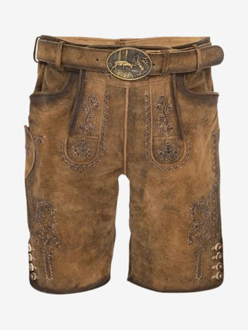 Front view of tan leather lederhosen featuring detailed embroidery, front flap panel, pockets, and a belt with a decorative deer buckle.