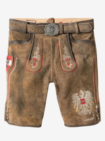 Front flat lay of brown leather lederhosen shorts with detailed embroidery, buttons, and a traditional belt buckle design.