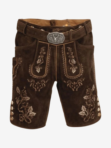 Dark brown Bavarian lederhosen laid flat, highlighting symmetrical embroidery, front flap, and decorative belt.