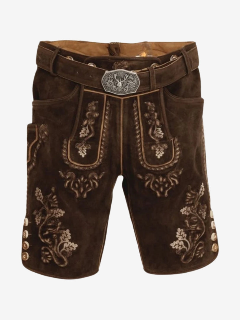 Dark brown Bavarian lederhosen laid flat, highlighting symmetrical embroidery, front flap, and decorative belt.