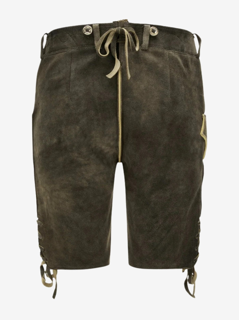 Back view of dark olive green leather lederhosen with adjustable back lacing, belt loops, and a soft suede texture.