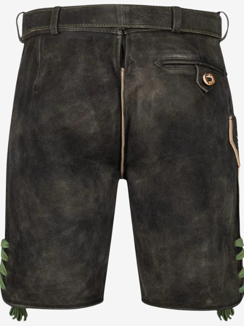 Back view of black leather lederhosen shorts showing smooth finish, back pocket with button, and belt loops.