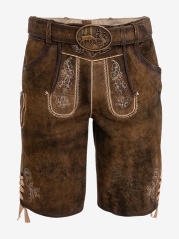 Front view of brown suede lederhosen shorts with decorative embroidery, classic flap design, and belt with an engraved deer motif buckle.