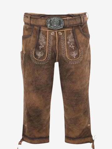 Brown bundhosen with decorative front flap embroidery and belt with traditional metal buckle.