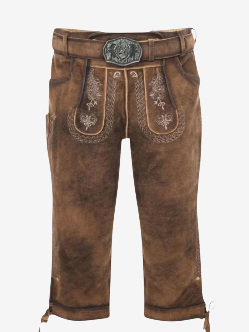 Brown bundhosen with decorative front flap embroidery and belt with traditional metal buckle.