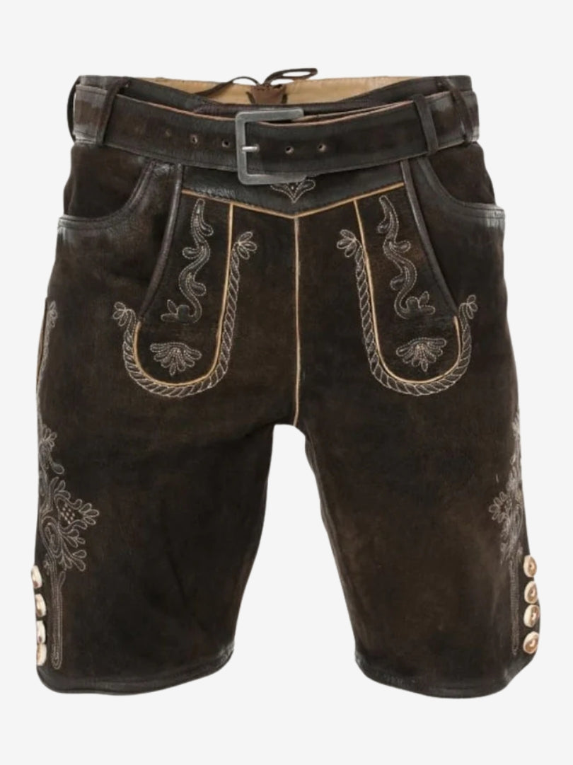 Front view of dark brown Bavarian lederhosen with symmetrical embroidery, front flap design, and belt loops.