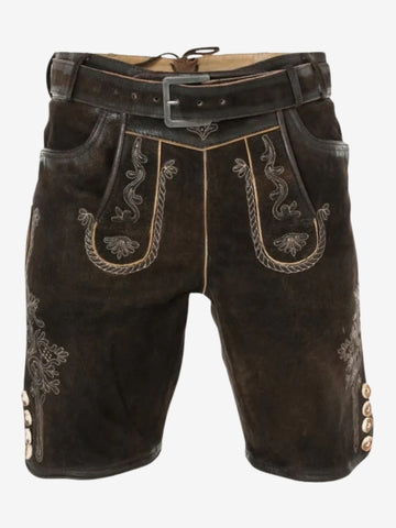 Front view of dark brown Bavarian lederhosen with symmetrical embroidery, front flap design, and belt loops.