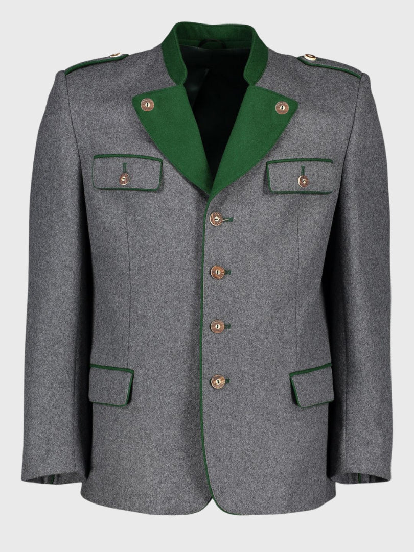 Grey Bavarian Jacket with Green Lapel Trim