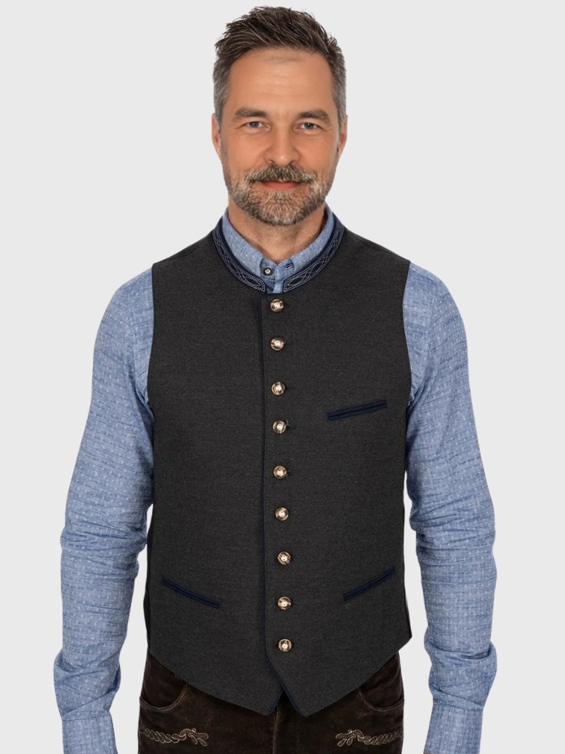 Grey Wool Bavarian Vest with Navy Collar
