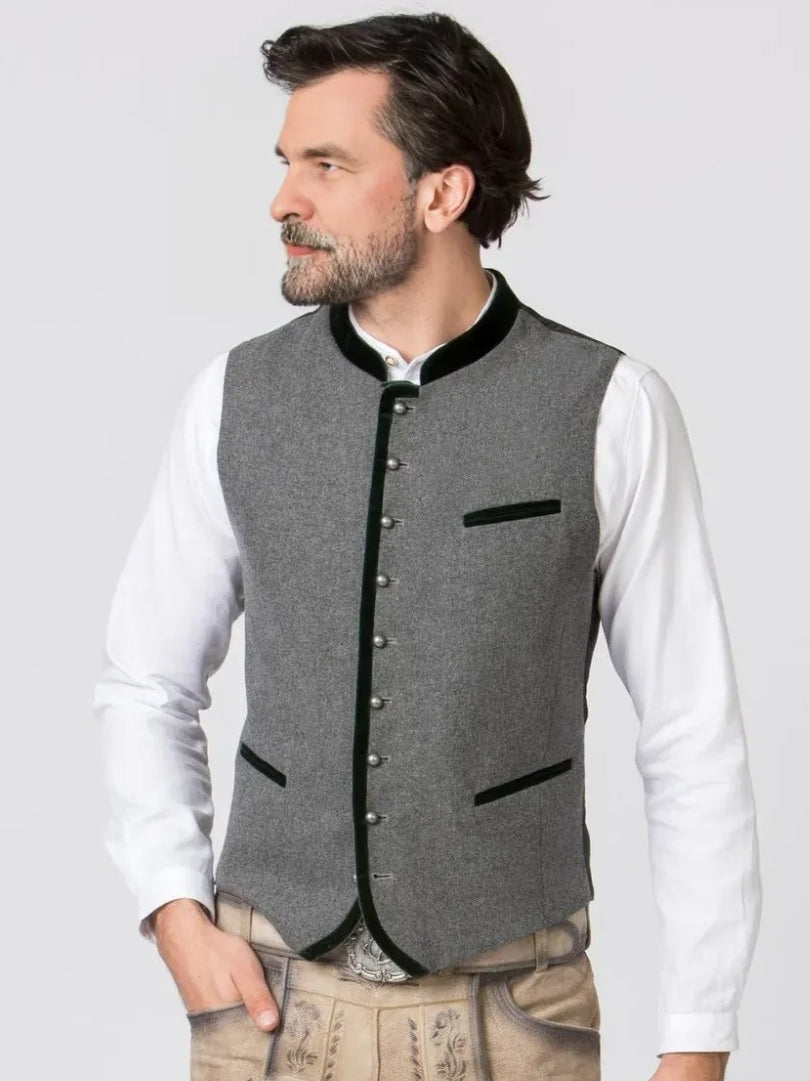 Grey Wool and Green Velvet Trachten Vest