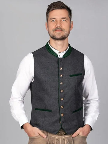 Grey and Green Collar Wool Trachten Vest