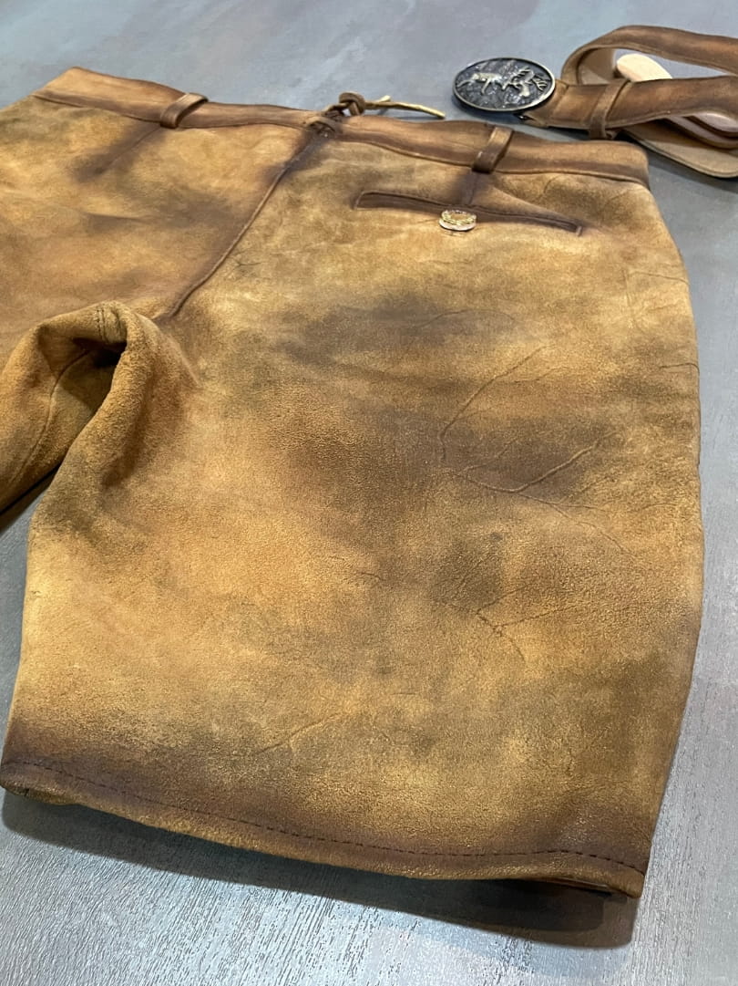 Right side view of Men's Rustic Brown Premium Lederhosen Short with handcrafted suede leather finish
