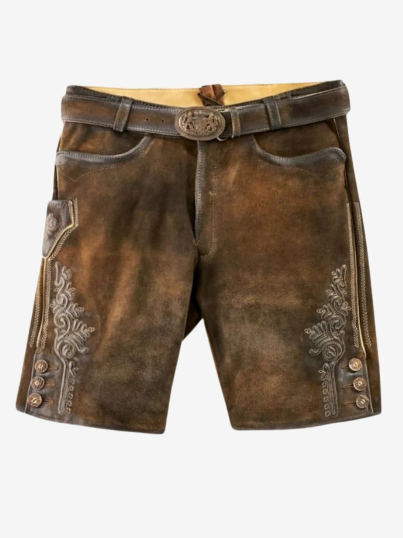 Front view of brown Bavarian lederhosen with embroidered patterns on both thighs, front opening, and a traditional belt.