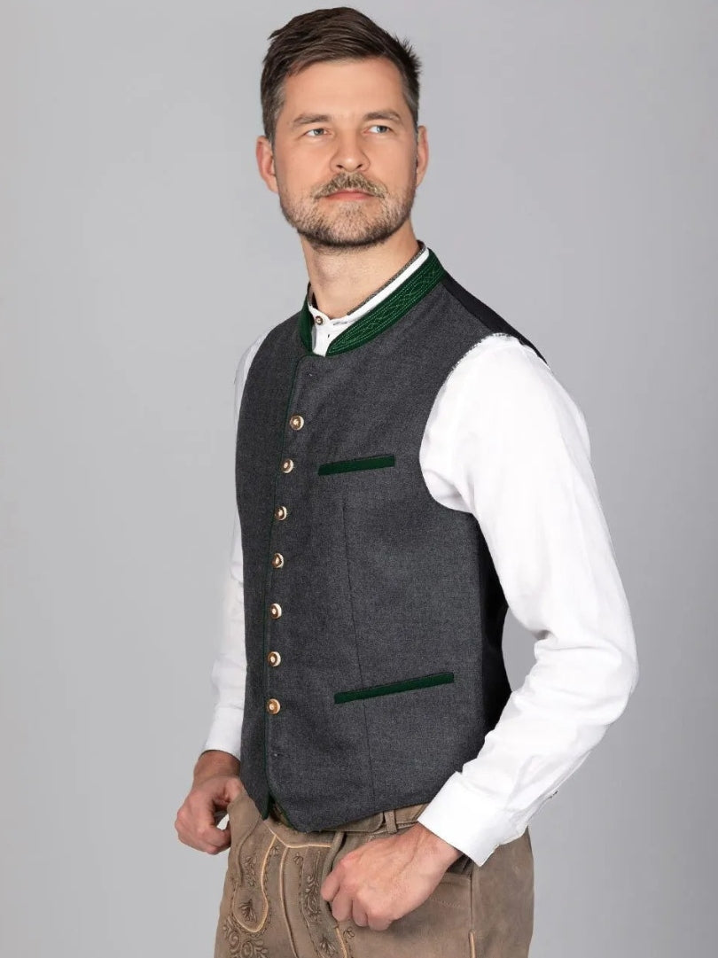 Grey and Green Collar Wool Trachten Vest