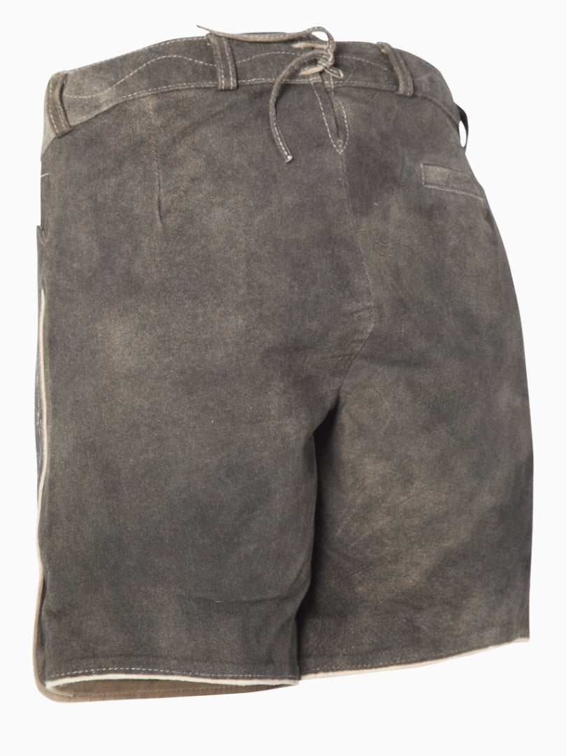 Back view of charcoal grey traditional lederhosen-style shorts with a distressed leather texture, adjustable back lace detail, and belt loops.