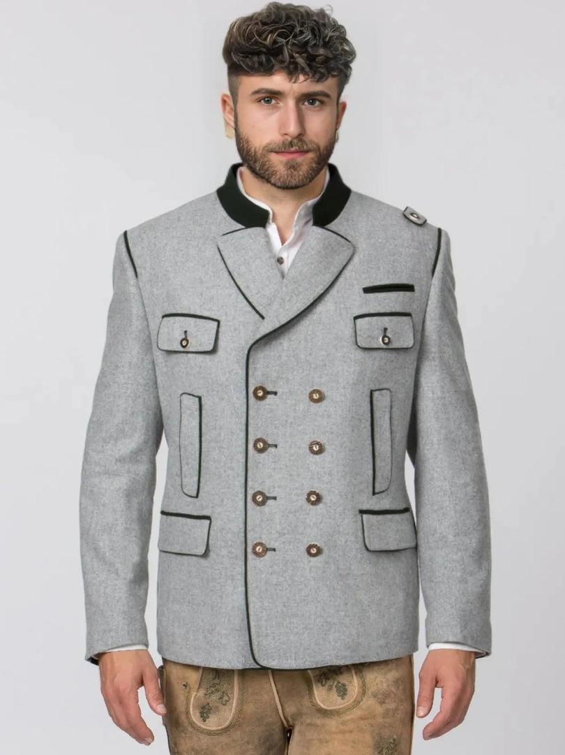 Light Grey Wool Bavarian Jacket with Green Trim