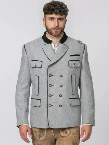 Light Grey Wool Bavarian Jacket with Green Trim
