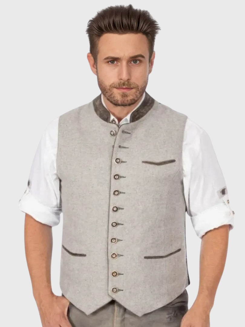 Light Grey Wool Bavarian Vest with Brown Collar